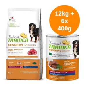 Set prova misto! Natural Trainer Sensitive No Gluten Adult secco (12 kg) + umido (6 x 400 g) - 12 kg crocchette Medium/Maxi con Agnello + 6 x 400 g umido con Agnello & Cereali integrali