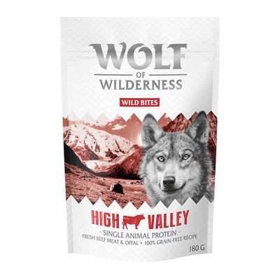 Confezione prova! Wolf of Wilderness Crocchette, umido e snack per cane - 180 g snack Wild Bites High Valley - Manzo