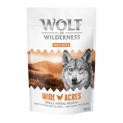 Confezione prova! Wolf of Wilderness Crocchette, umido e snack per cane - 180 g snack Wild Bites Wide Acres - Pollo - 180, 300, 350 o 400 g!