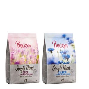 Set prova! 2 x 1 kg Purizon - Single Meat: Salmone con fiori di fiordaliso + Anatra con fiori di lavanda