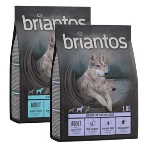 Set prova misto! 2 x 1 kg Briantos Crocchette senza cereali per cani - 1 kg Anatra & Patate + 1 kg Salmone & Patate