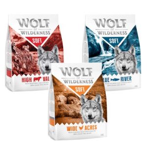 Set prova misto! Wolf of Wilderness Adult Crocchette per cani - 3 x 1 kg Soft: High Valley Manzo, Wide Acres Pollo, Blue River Salmone