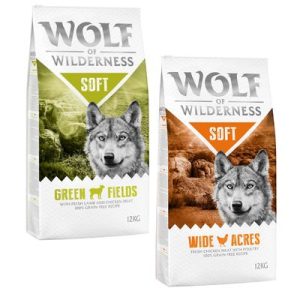 Multipack risparmio! 2 x 12 kg Wolf of Wilderness Adult Soft Crocchette semi-umide per cani - Pacco misto: Wide Acres Pollo + Green Fields Agnello